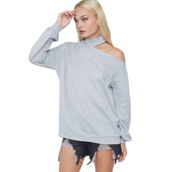 Asymmetrical Cutout Choker Sweatshirt – Heather Gray - Picture 1 of 6